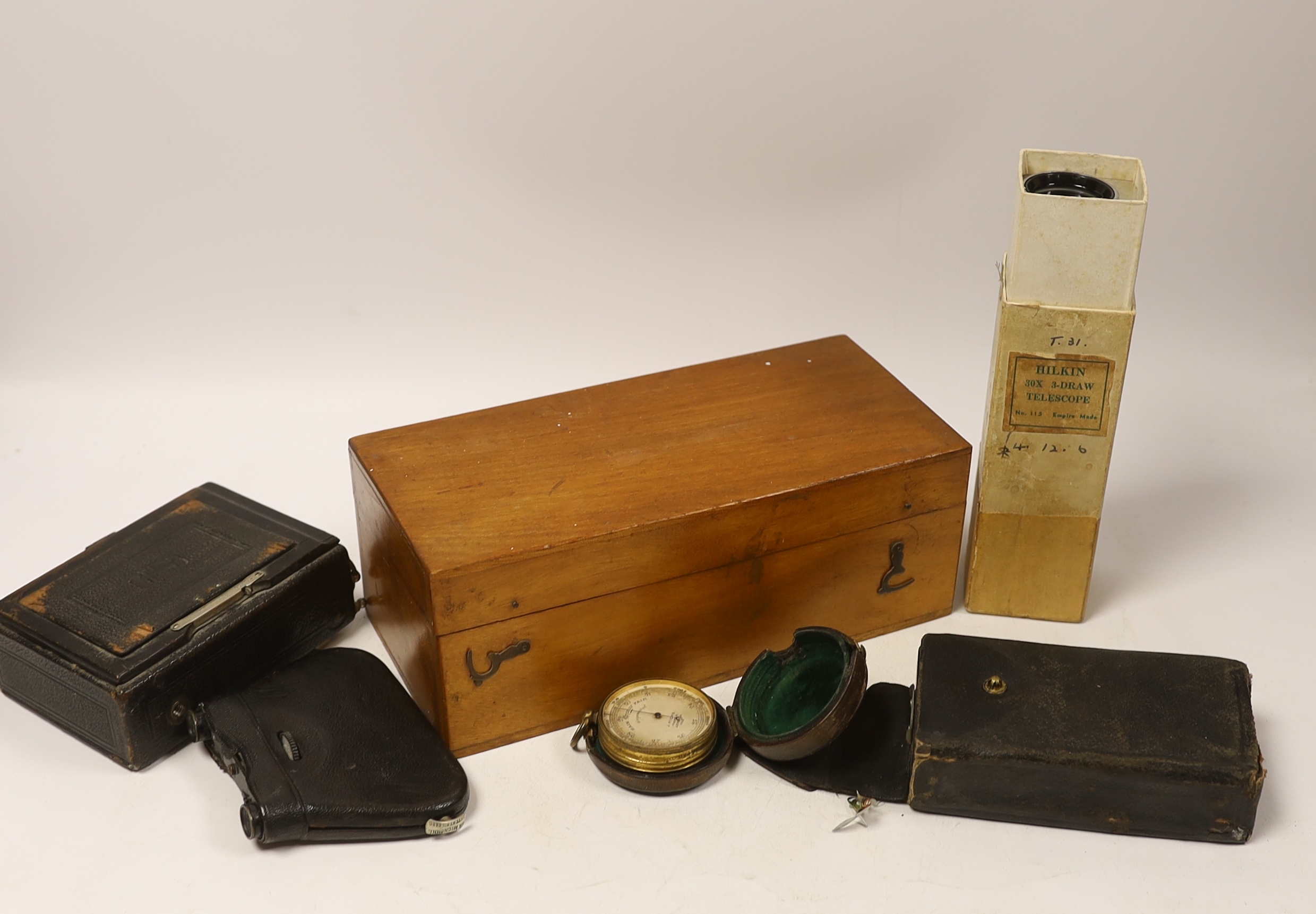 J. Hicks, a pocket barometer, a boxed microscope, a telescope, etc., microscope box 24cm wide x 9cm high (6)